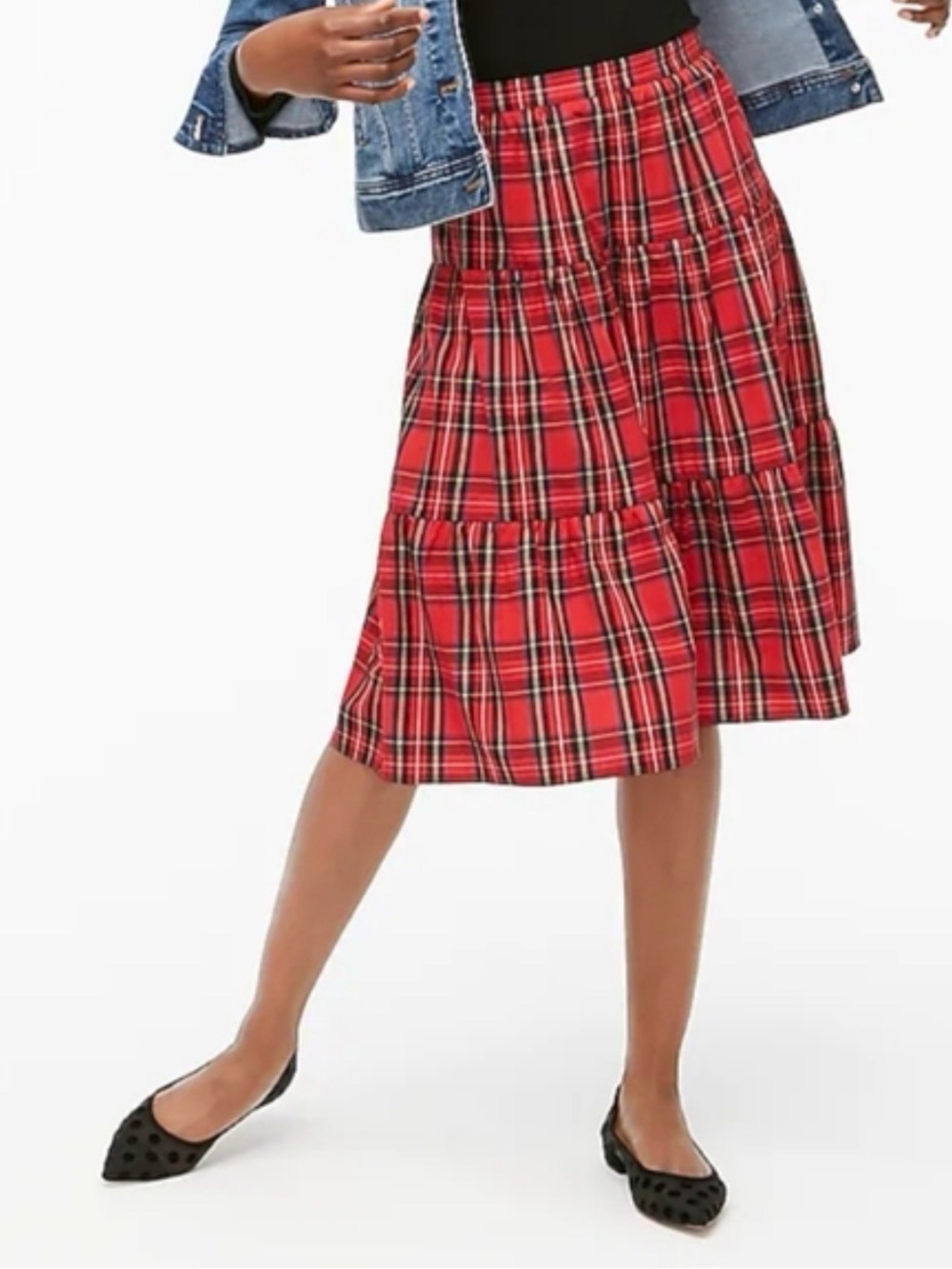 J. Crew Factory Red Plaid Tiered Midi Skirt